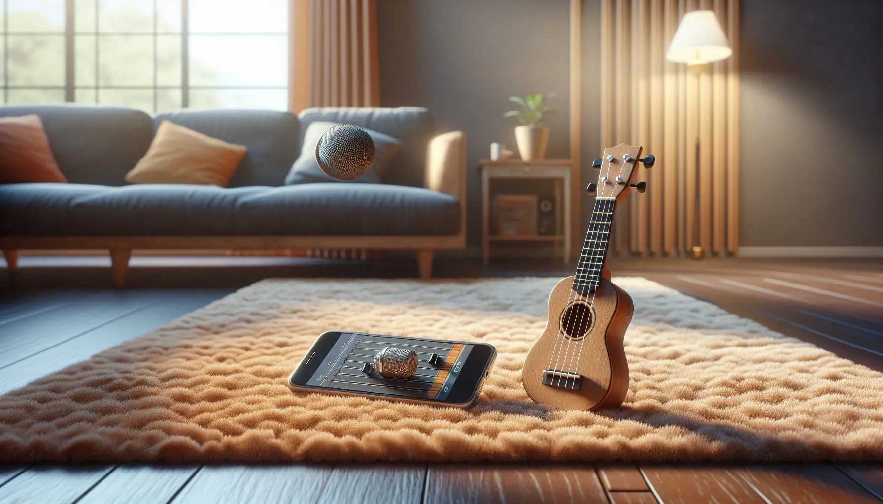 Generate an image of a simple home recording setup with a smartphone and a small musical instrument like a ukulele on a cosy rug.
