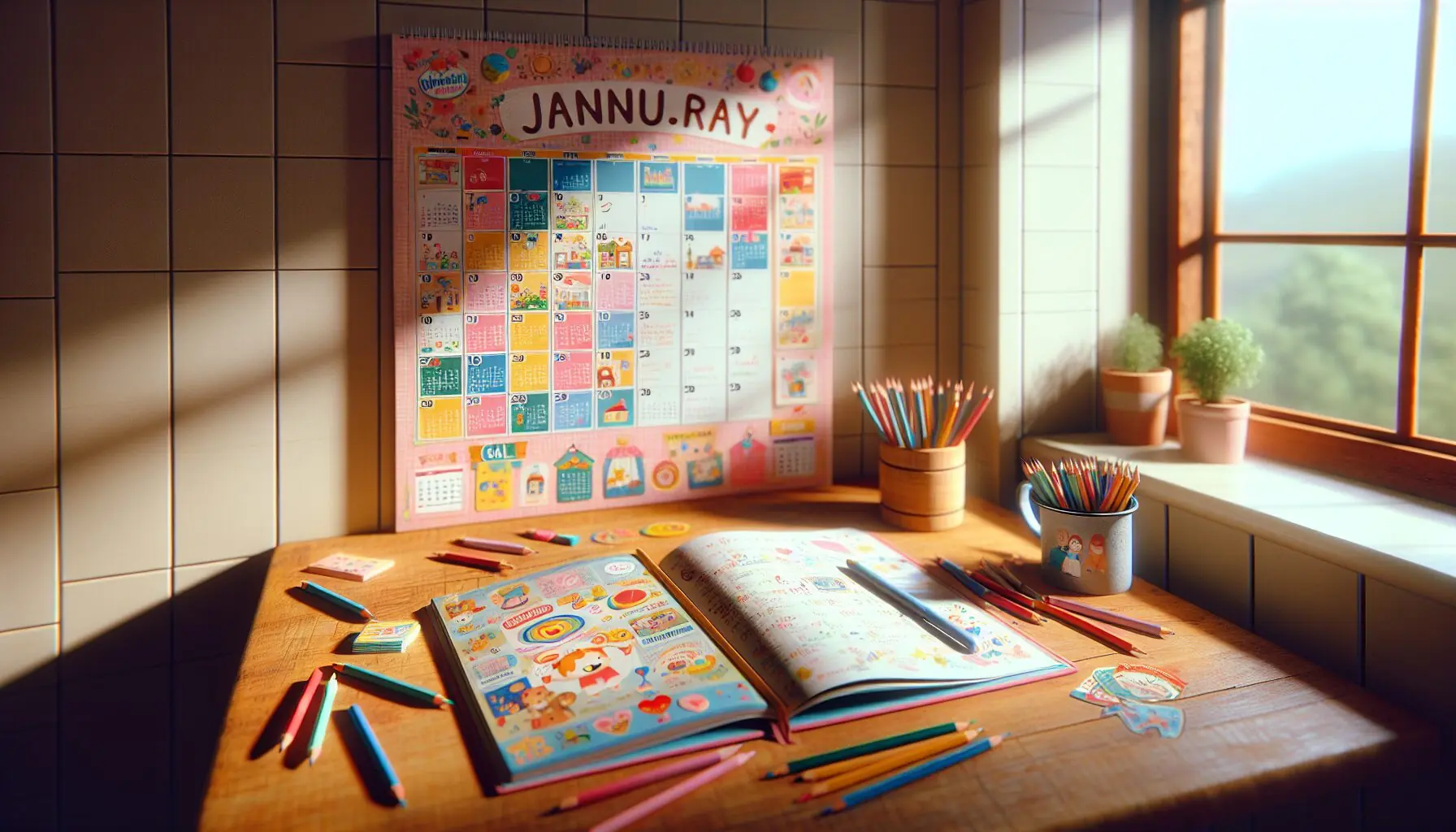 Generate an image of a cozy family setting with a colorful calendar and goal notebook for kids, emphasizing a playful yet organized environment.