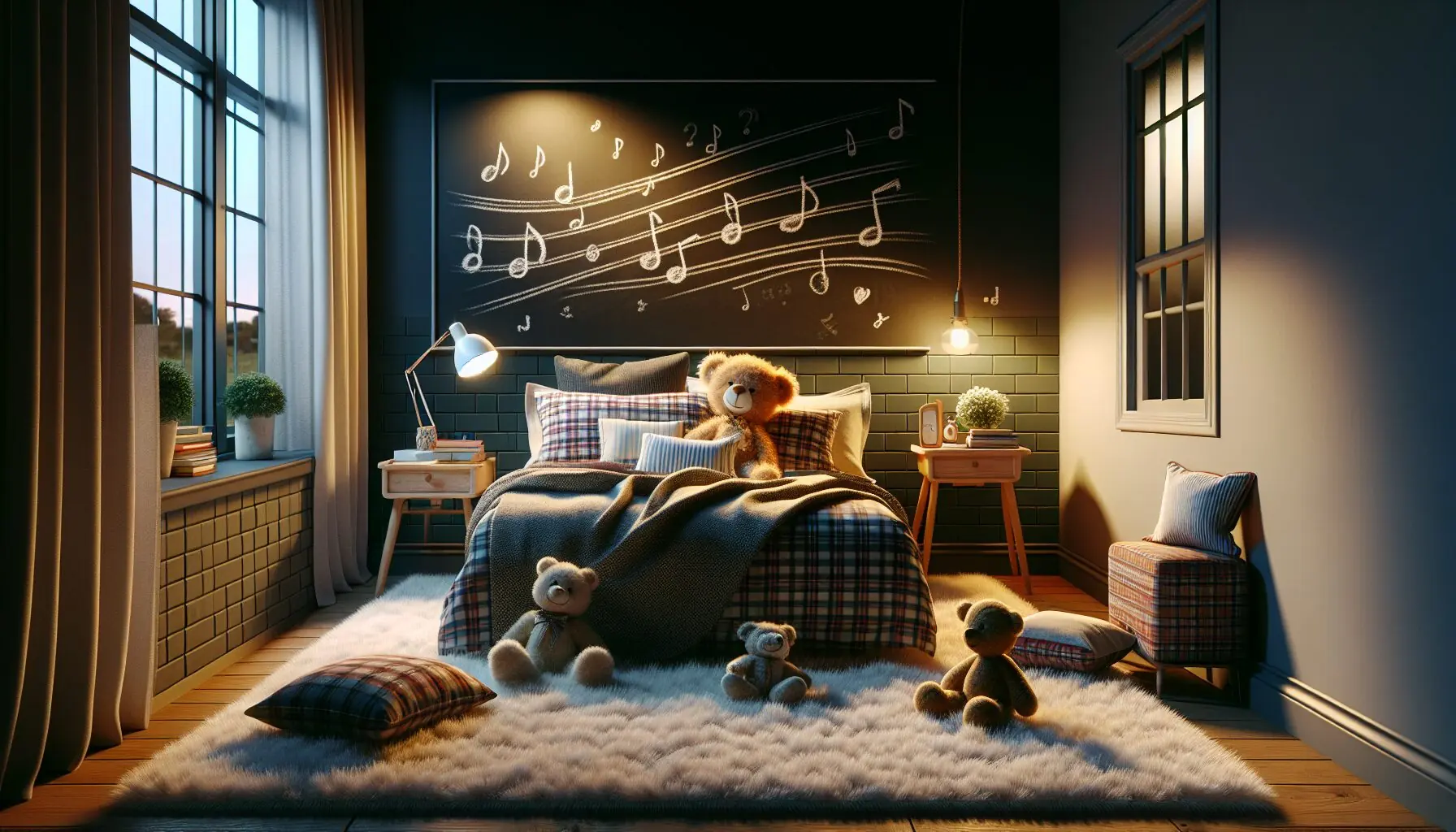 Create an enchanting picture of a warm, cozy bedroom, with soft lighting, plush toys, and a whimsical drawing of musical notes.