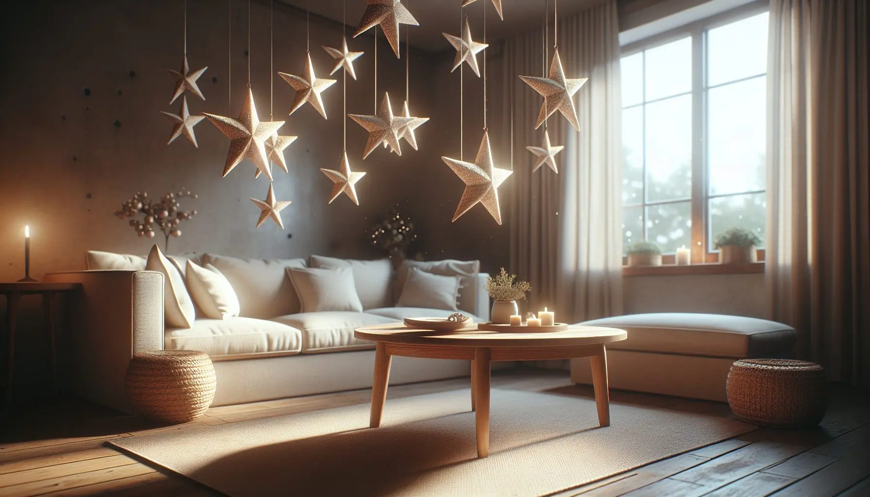 Generate an image of twinkling star-shaped crafts hanging from the ceiling, catching light.