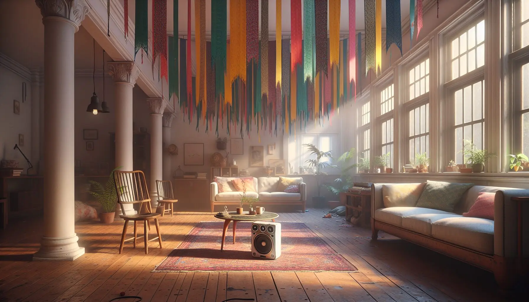 Generate an image of a living room transformed into a dance space with colorful banners and a speaker.
