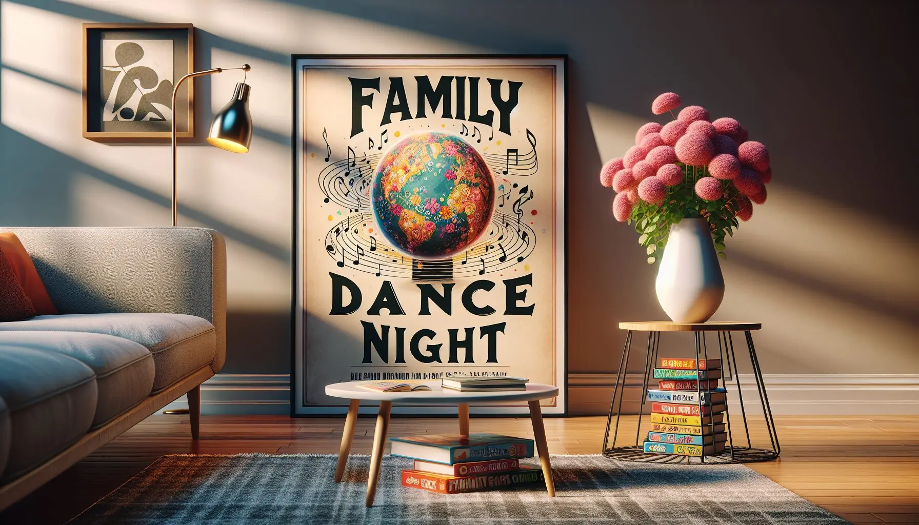 Generate an image of a poster with the words 'Family Dance Night' surrounded by music notes and a globe.