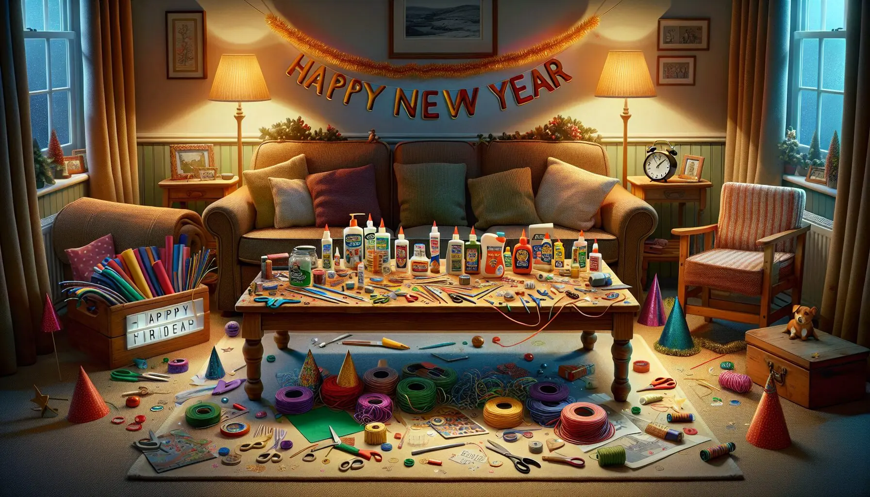 Generate an image of a cozy room with streamers and craft supplies scattered around a table.
