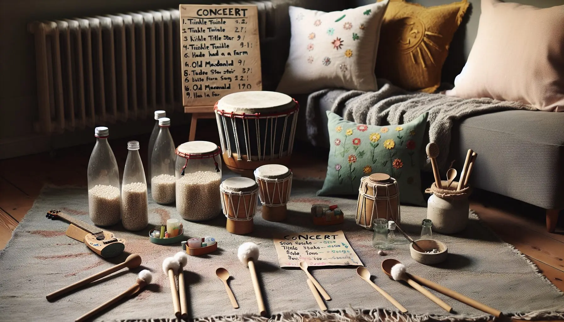 Generate an image of a selection of homemade musical instruments, such as shakers, small drums, and a colorful song list.
