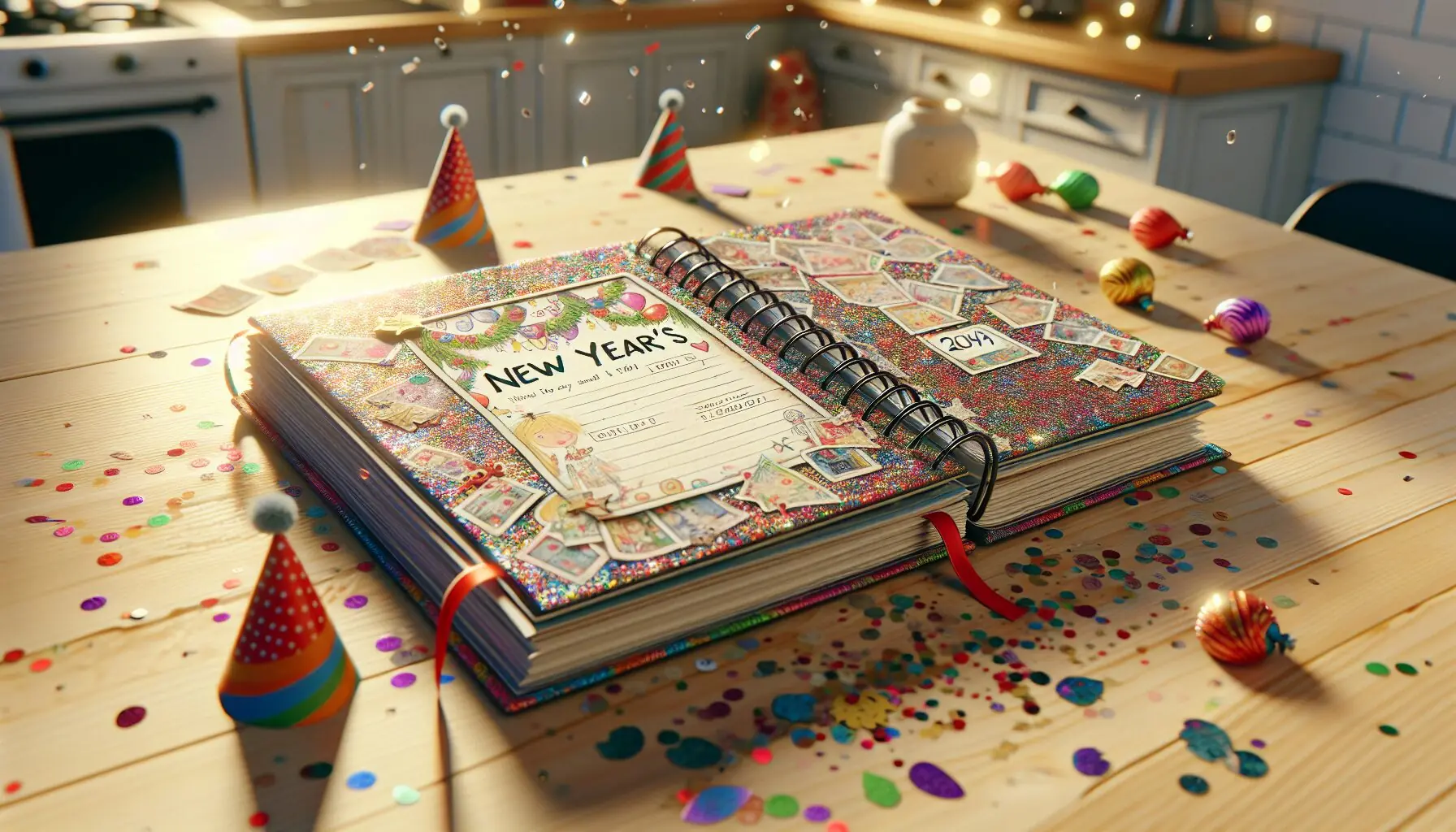 Generate an image of a festive scrapbook with colorful pages open to a New Year's Eve entry with drawn party decorations.