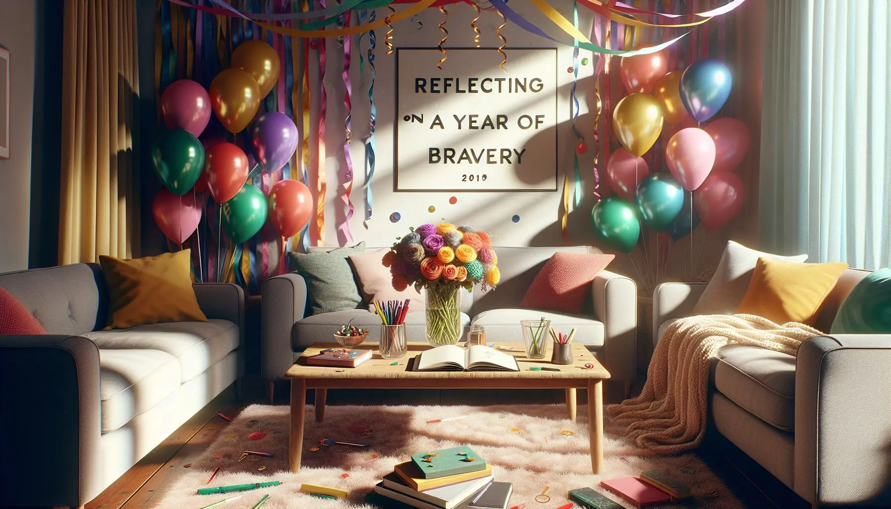 Generate an image of a cozy family living room decorated with festive streamers and balloons.