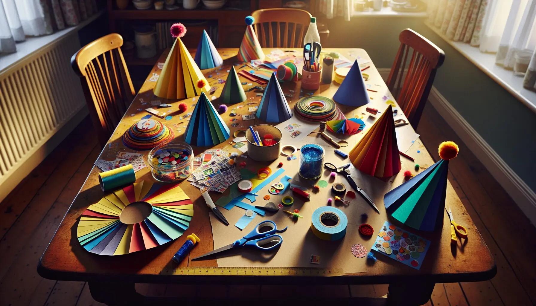 Generate an image of colorful paper party hats embellished with pom-poms, glitter, and stickers.