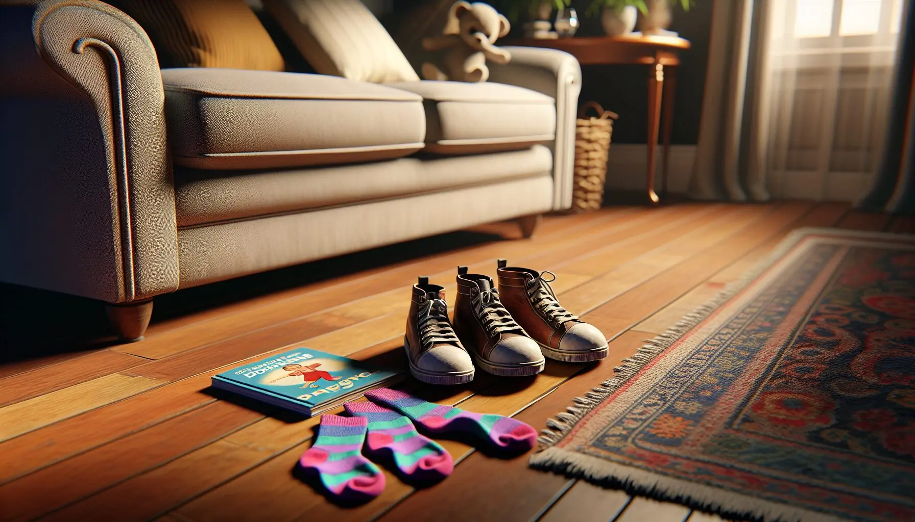Generate an image of a pair of sneakers and dance socks neatly next to a children's dance book.