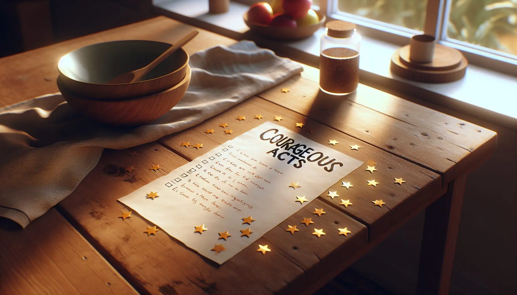 Generate an image of a handwritten list titled 'Courageous Acts' surrounded by drawings of small gold stars.