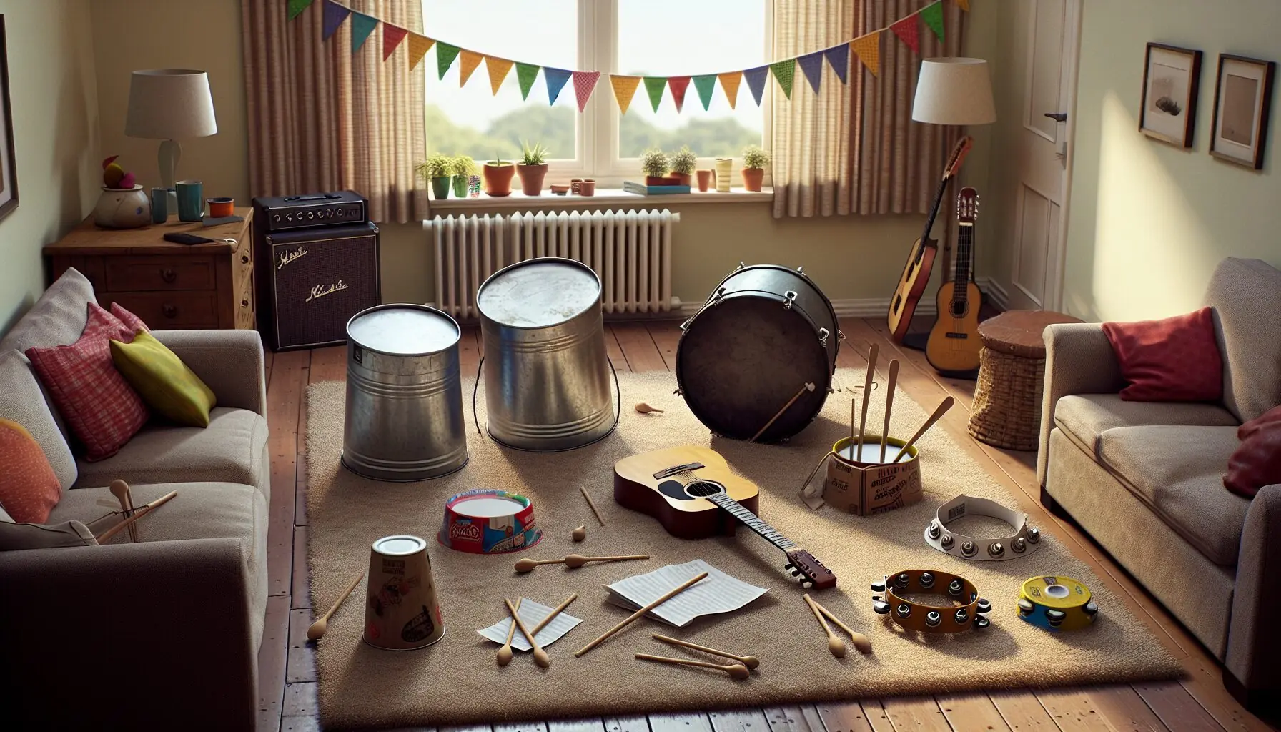 Generate an image of a cozy living room set up as a stage with various homemade musical instruments scattered about.