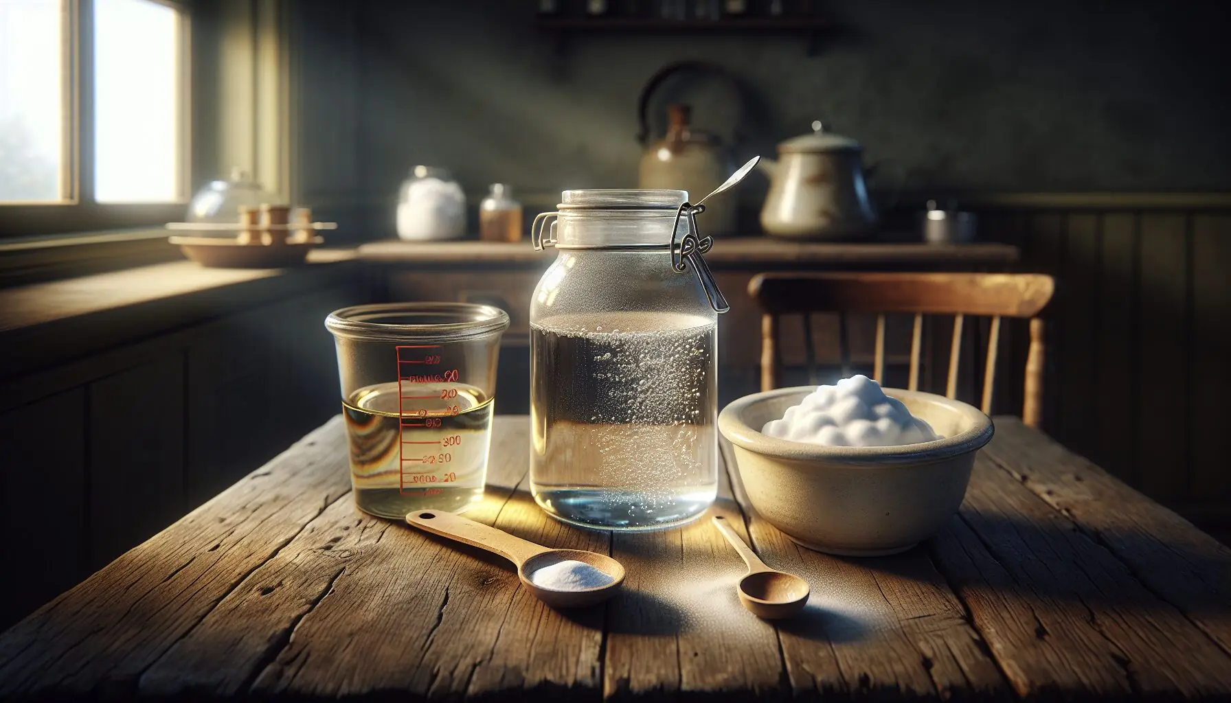 Generate an image of a lively home setting with a simple science experiment setup featuring vinegar and baking soda on a table.