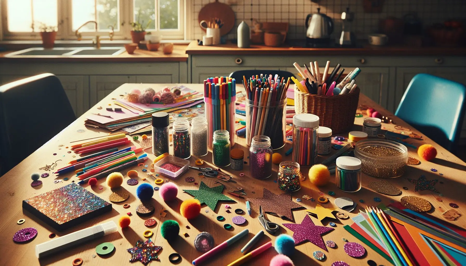 Generate an image of small hands interacting with creative craft materials like pom-poms and glitter.