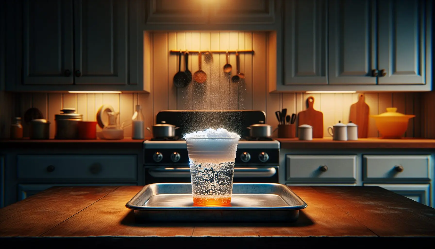 Generate an image showing a small plastic cup with bubbling vinegar and baking soda on a tray.