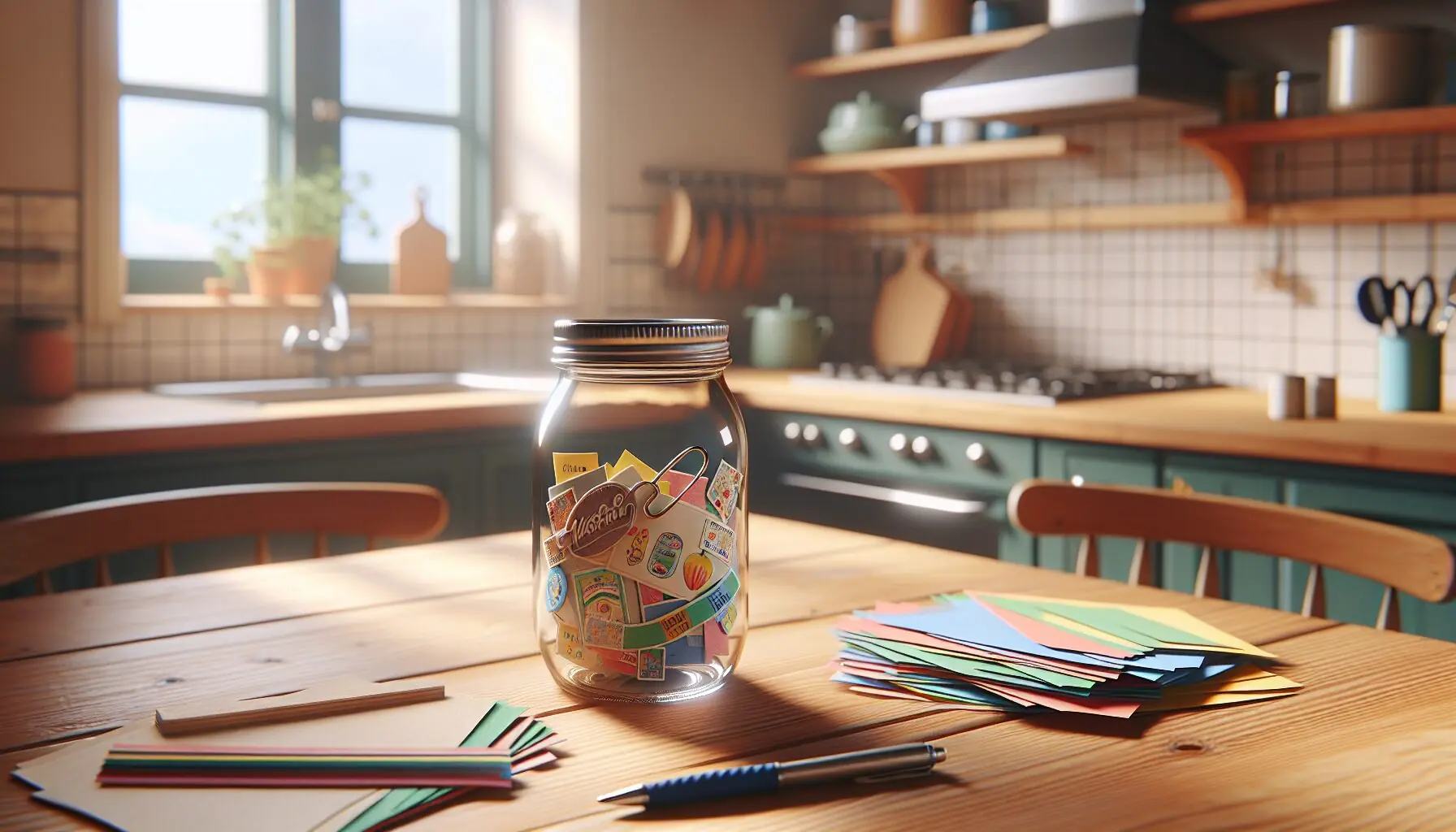 Generate an image of a colorful, decorated mason jar with strips of colorful paper beside it.