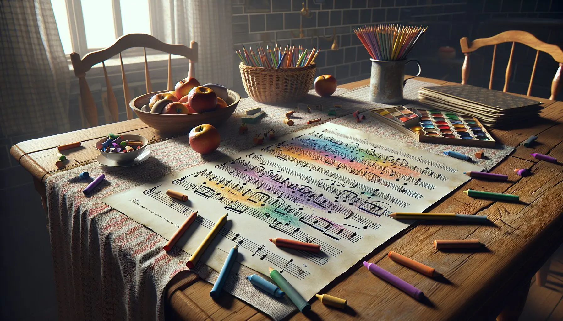 Generate an image of sheet music with colorful notes symbolizing growth, imagination, and musical learning.