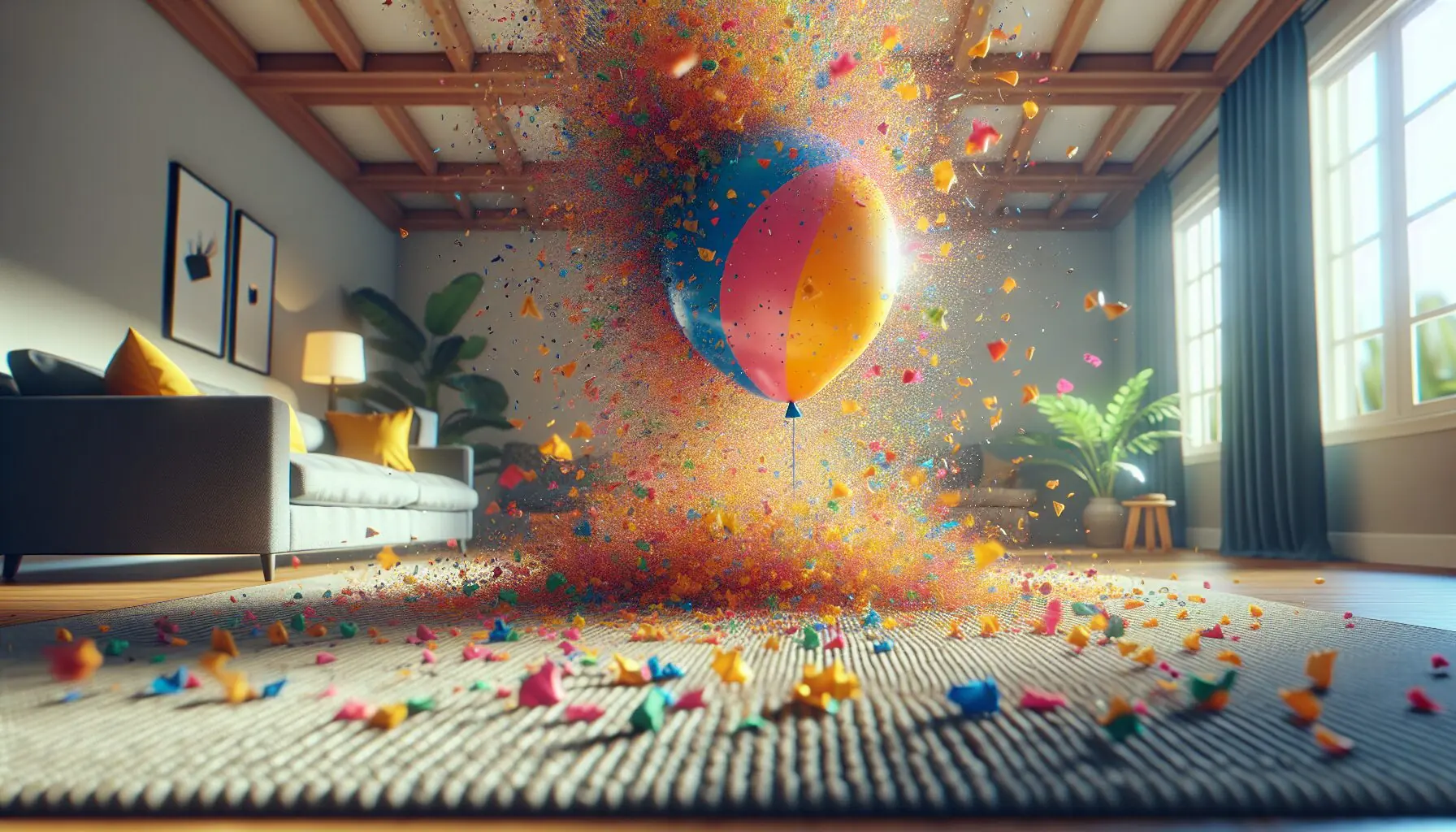 Generate an image of a balloon with confetti cascading down, creating a small, playful mess.