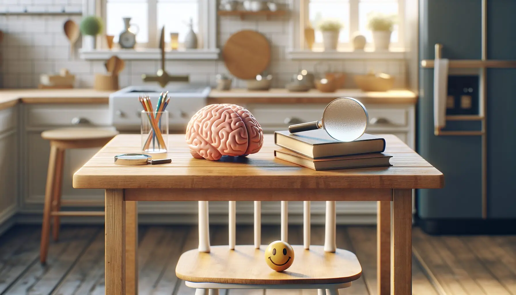 Generate an image highlighting educational symbols like a brain, magnifying glass, and a cheerful smiley face, to depict scientific exploration benefits.