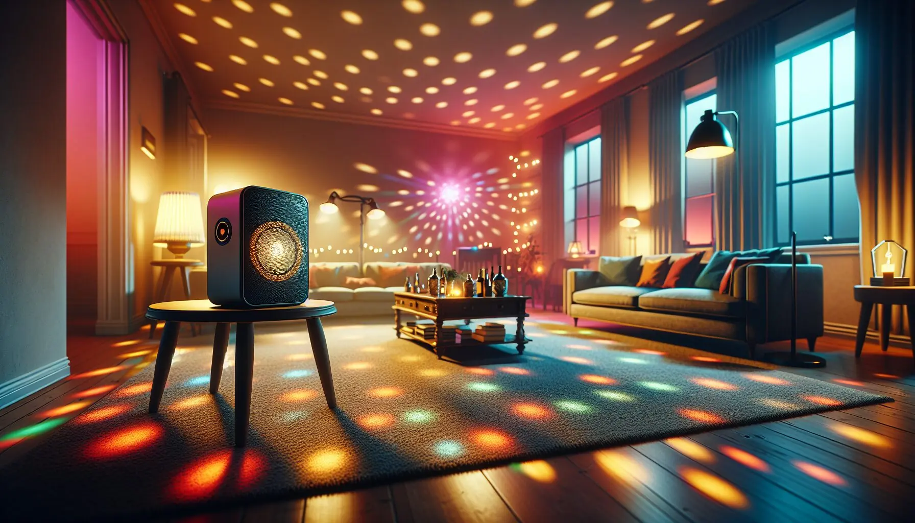 Generate an image of a colorful living room dance floor with a glowing disco ball effect and a Bluetooth speaker.