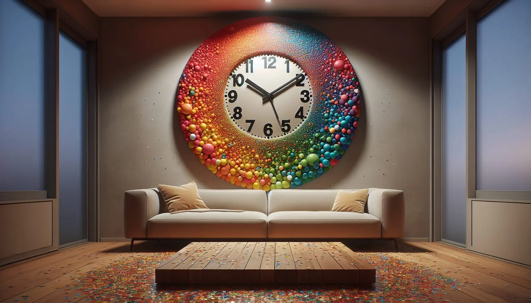 Generate an image of a wall clock with colorful hands and a confetti surround.