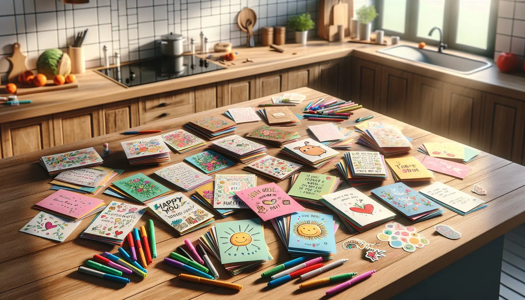 Generate an image of various folded paper cards with doodles and cute, kind messages on a craft table.