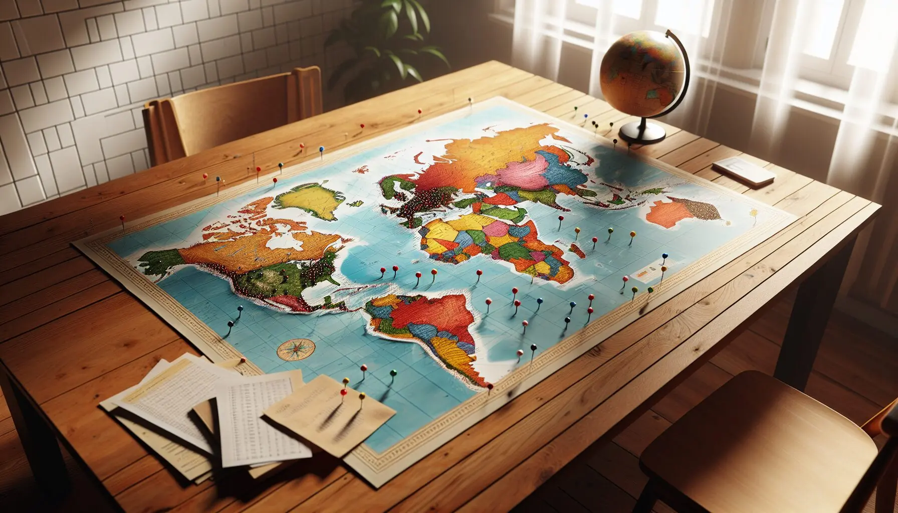 Generate an image of a colorful world map with pin markers denoting various countries.