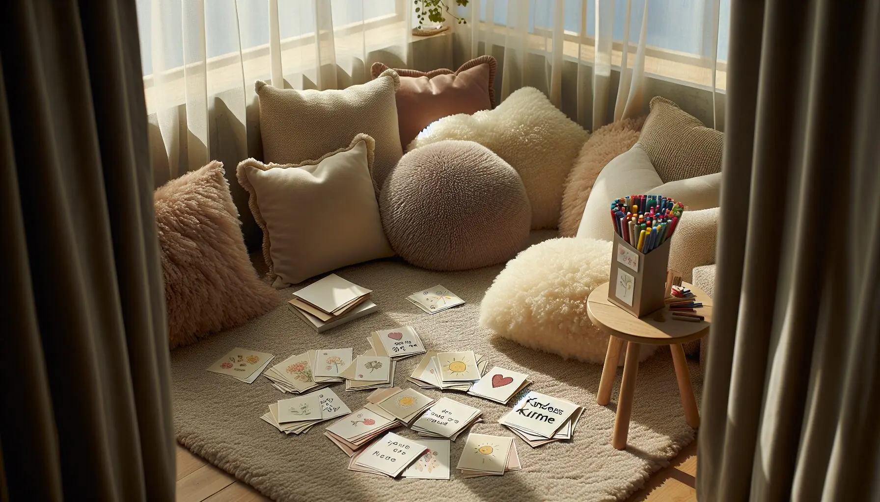 Generate an image of a cozy living room corner with fluffy pillows, a small table, and Kindness Cards ready for delivery.