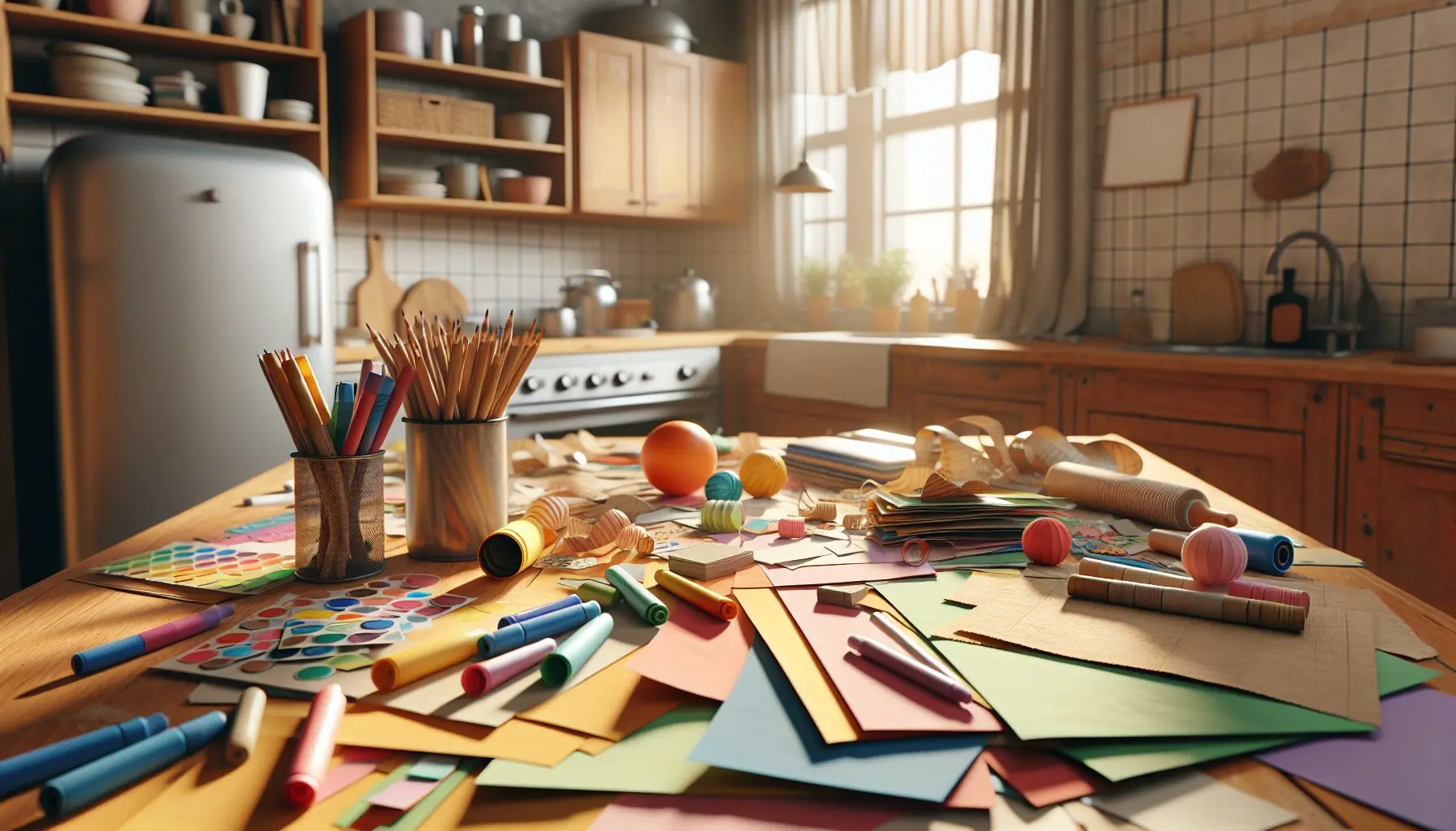 Generate an image of a colorful array of paper, markers, and stickers on a wooden table.