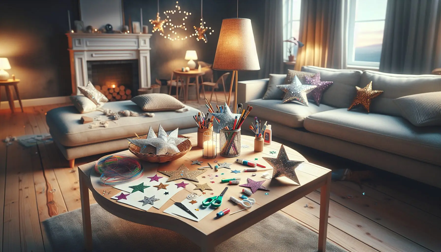 Generate an image of a cozy living room setting adorned with star-themed decorations.