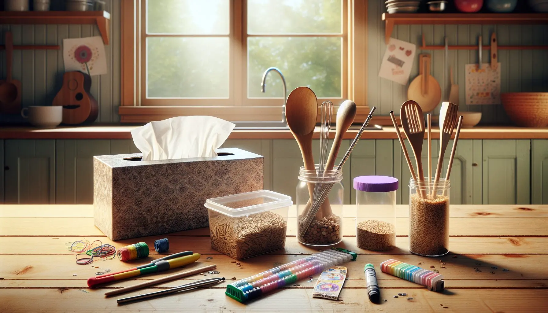 Generate an image of various simple musical instruments made from household items like tissue boxes and wooden spoons.