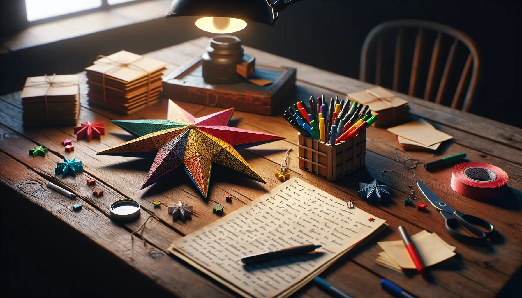 Generate an image of a thoughtful child writing on a colored star, surrounded by stars.