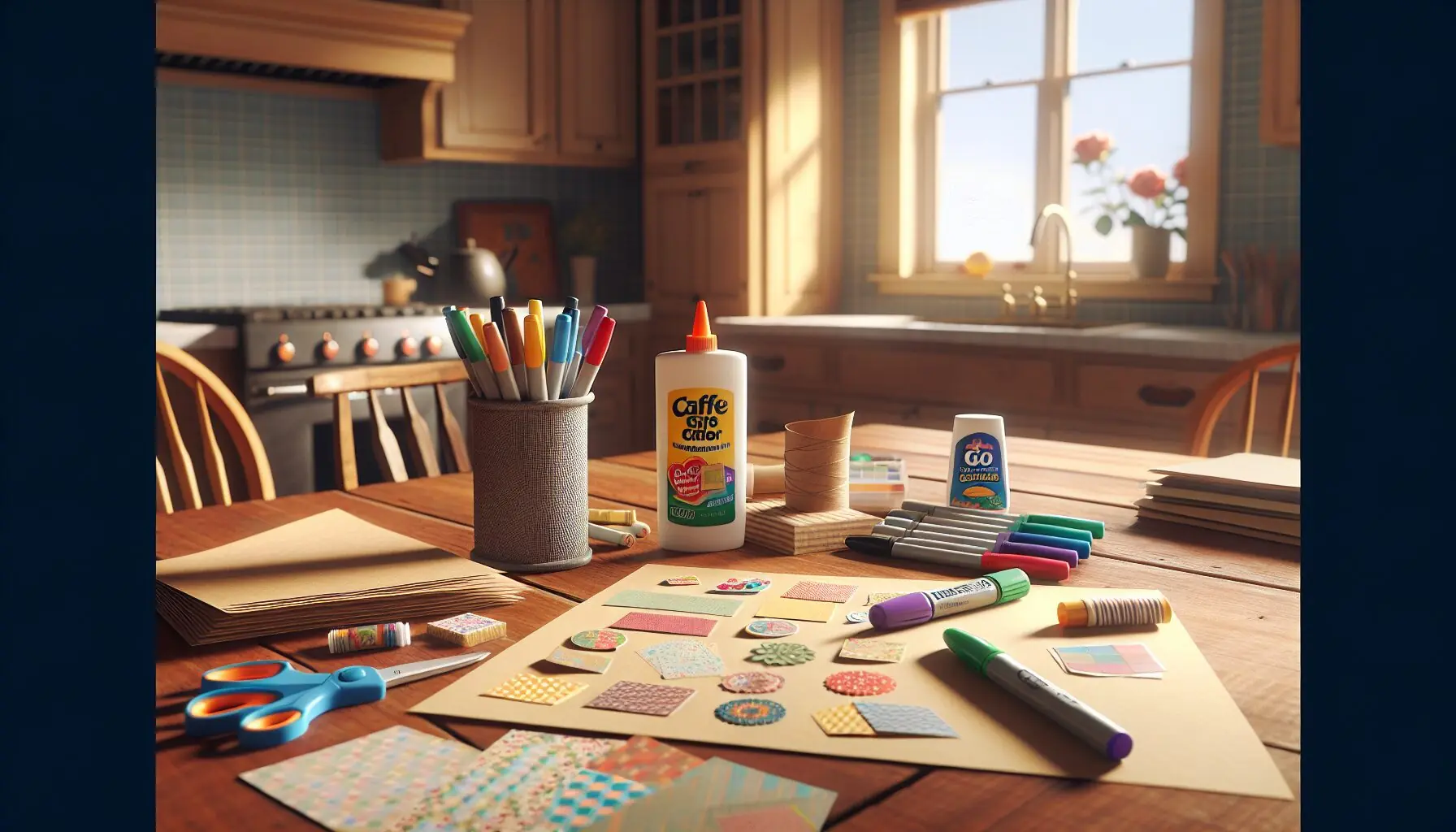 Generate an image of cardstock, colorful markers, glue, and stickers arranged neatly.