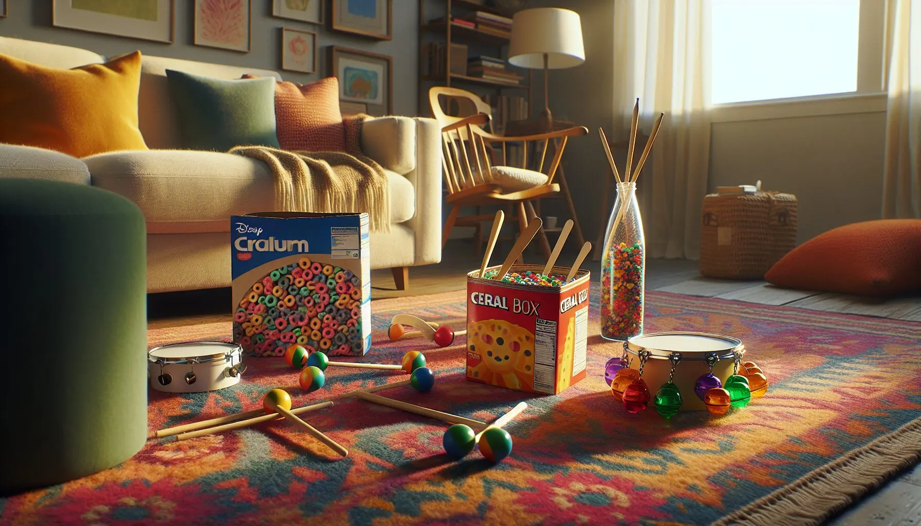 Generate an image of a cozy living room setting with colorful homemade instruments scattered around.