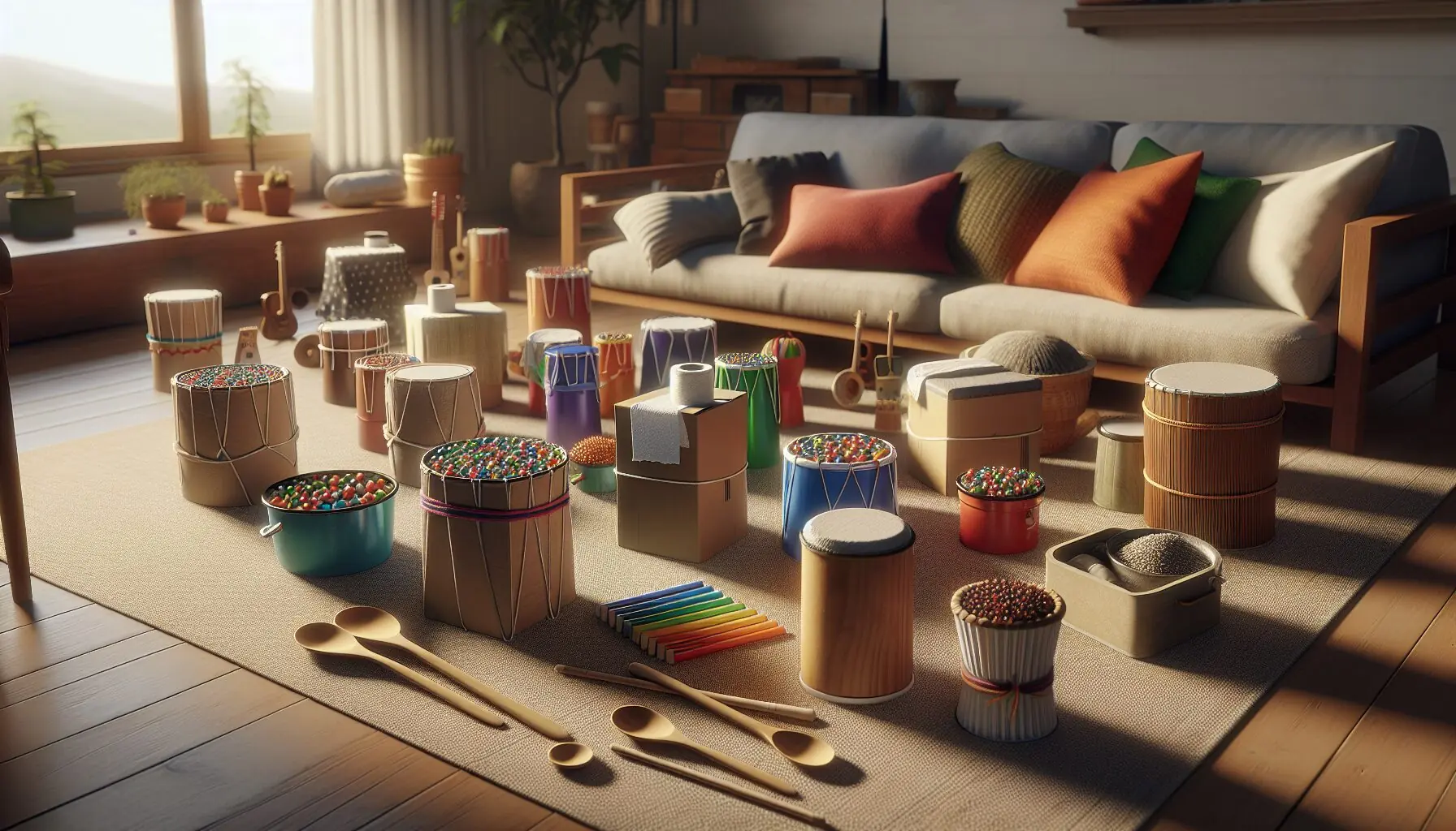 Generate an image of warm and inviting parents interacting with their children in a family music-making activity at home.