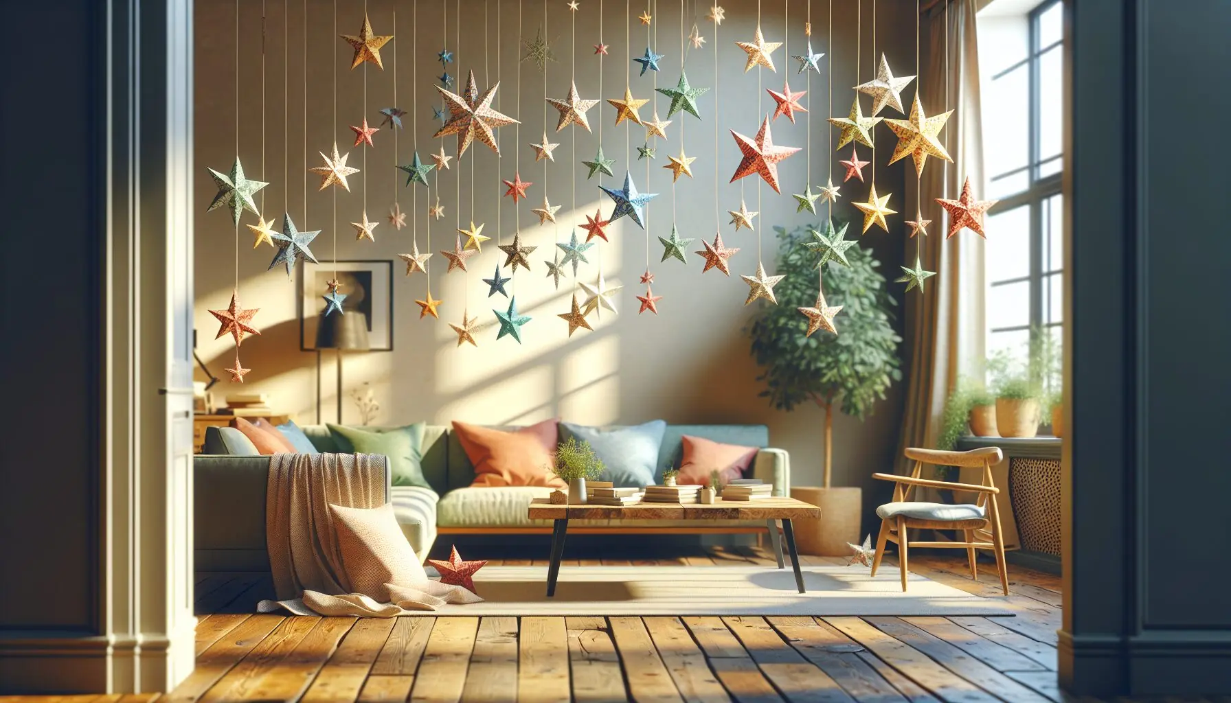 Generate an image of a string decorated with diverse colorful paper stars hanging across a cheerful room.