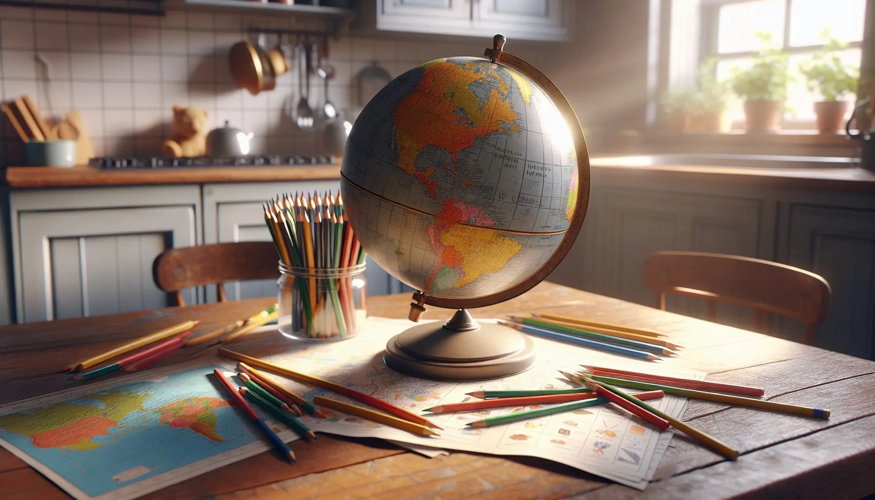 Generate an image of a globe with children's hands pointing to various parts, symbolizing curiosity.