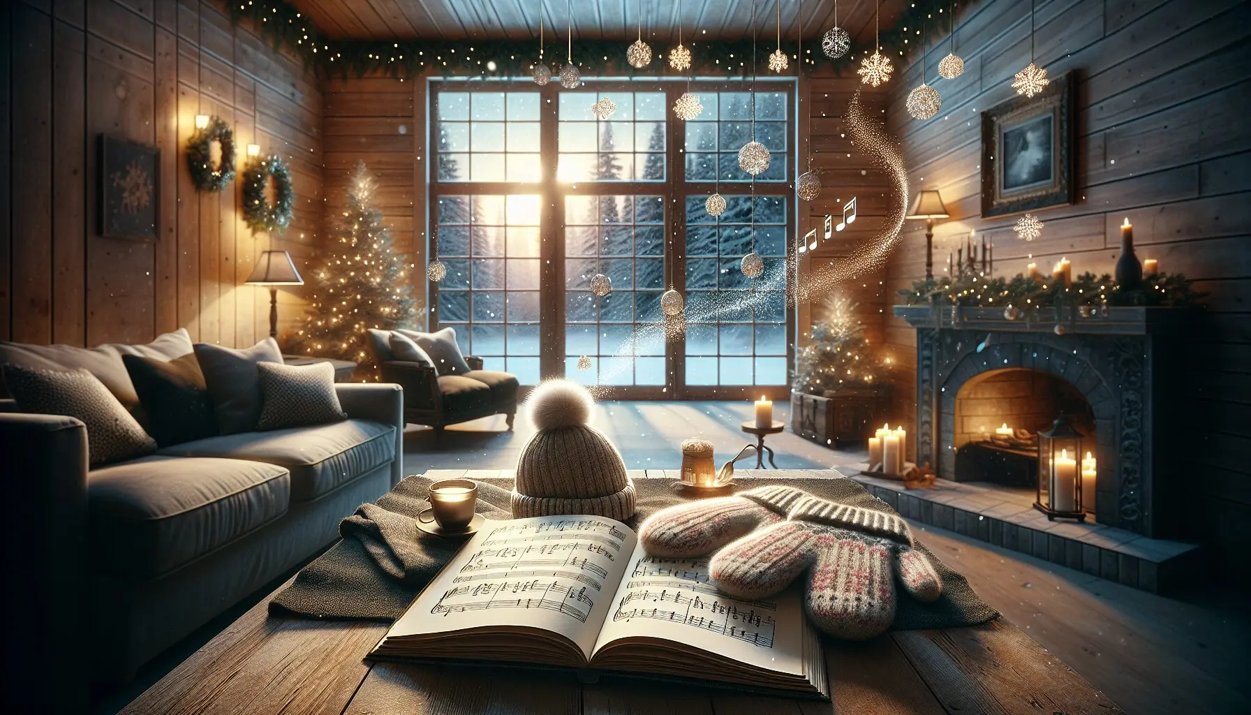 Generate an image of a winter scene with musical notes softly cascading around a snow-covered landscape.