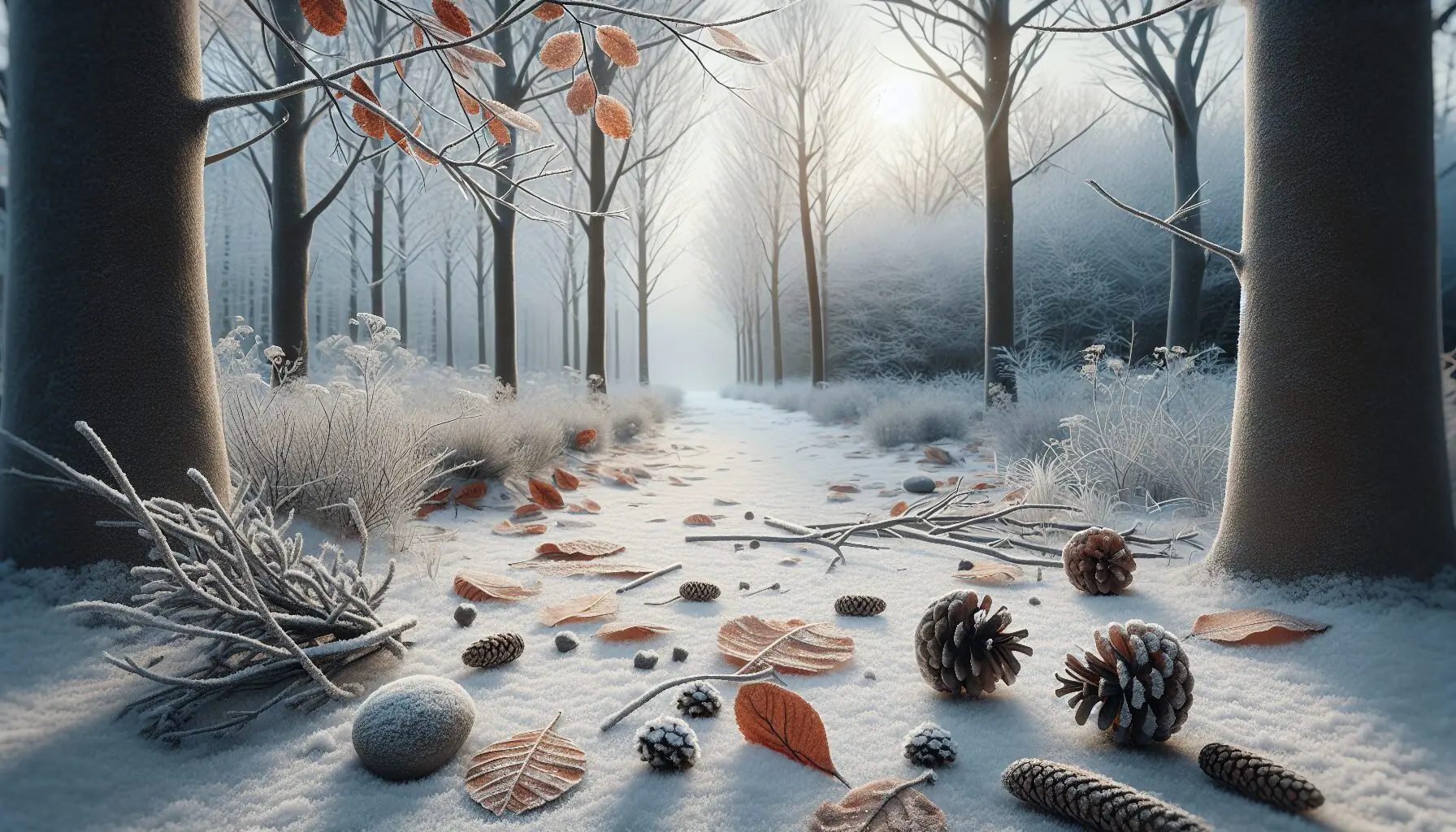 Generate an image of a snow-dusted nature trail with bare trees and scattered leaves.