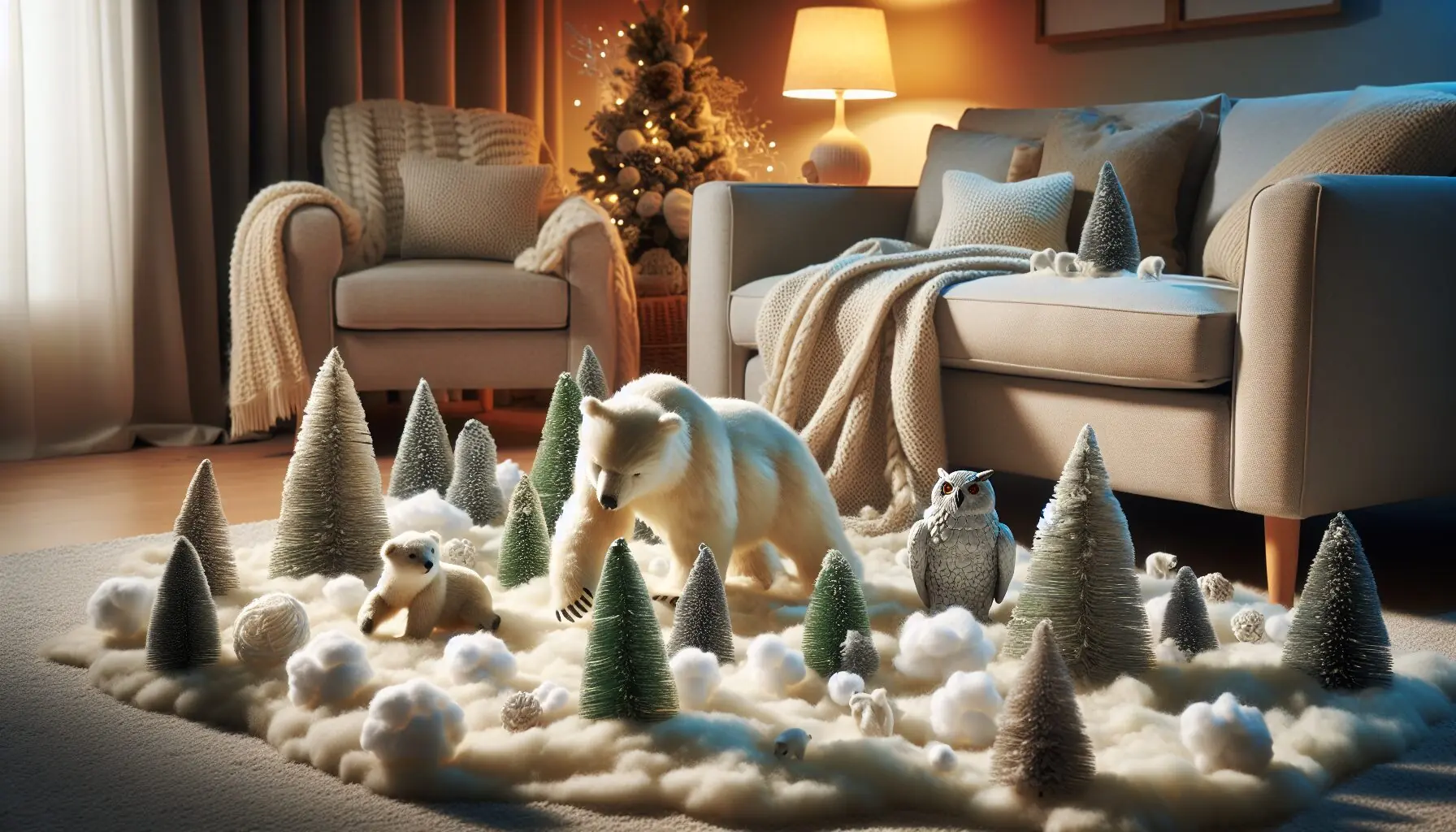 Generate an image of a snowy forest with cozy animal habitats, showcasing animals like polar bears and snowy owls in their natural settings.