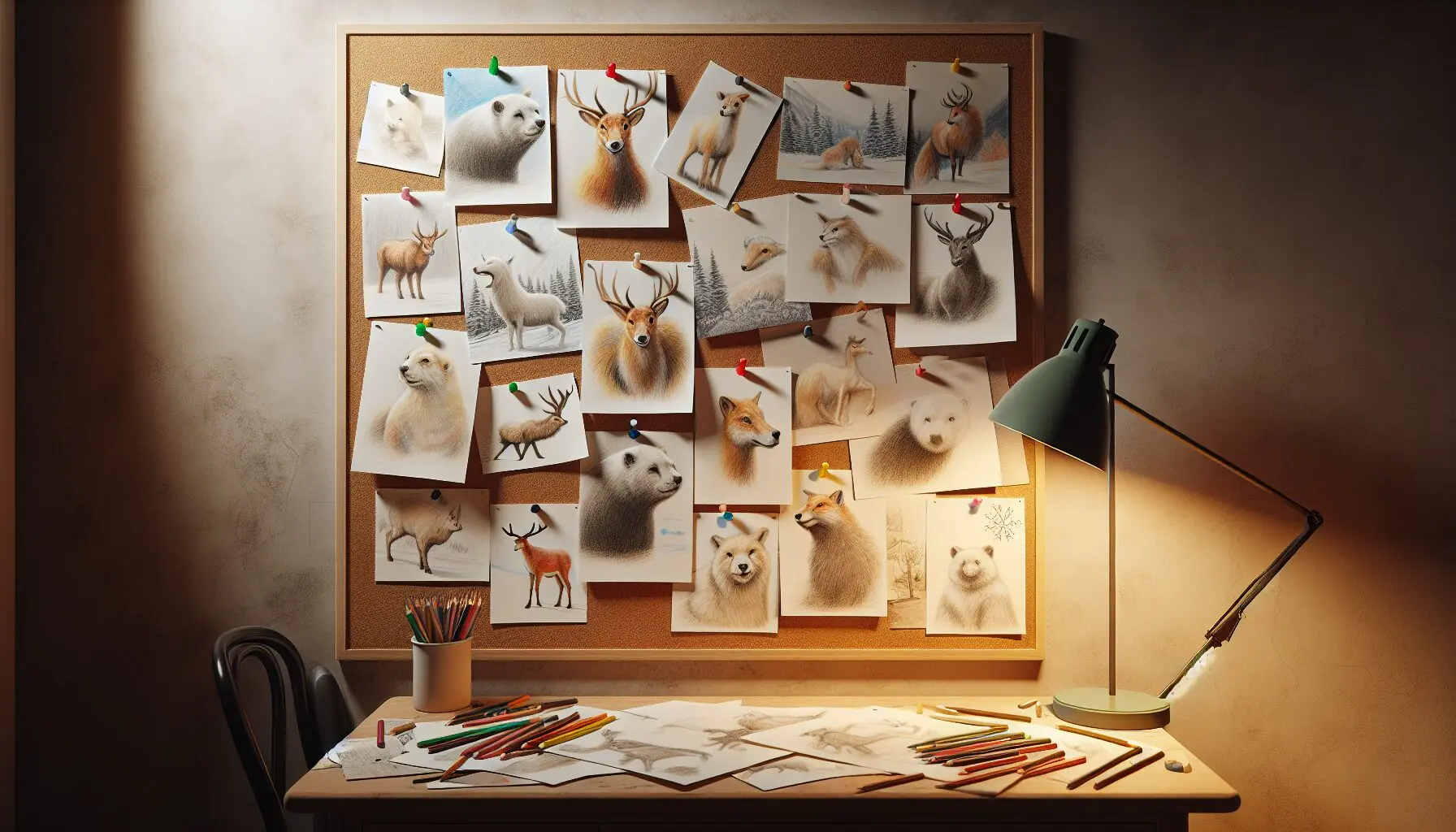 Generate an image of a collage of winter animal sketches on a bulletin board, with a warm glow of a nearby light source, evoking a sense of cozy accomplishment.