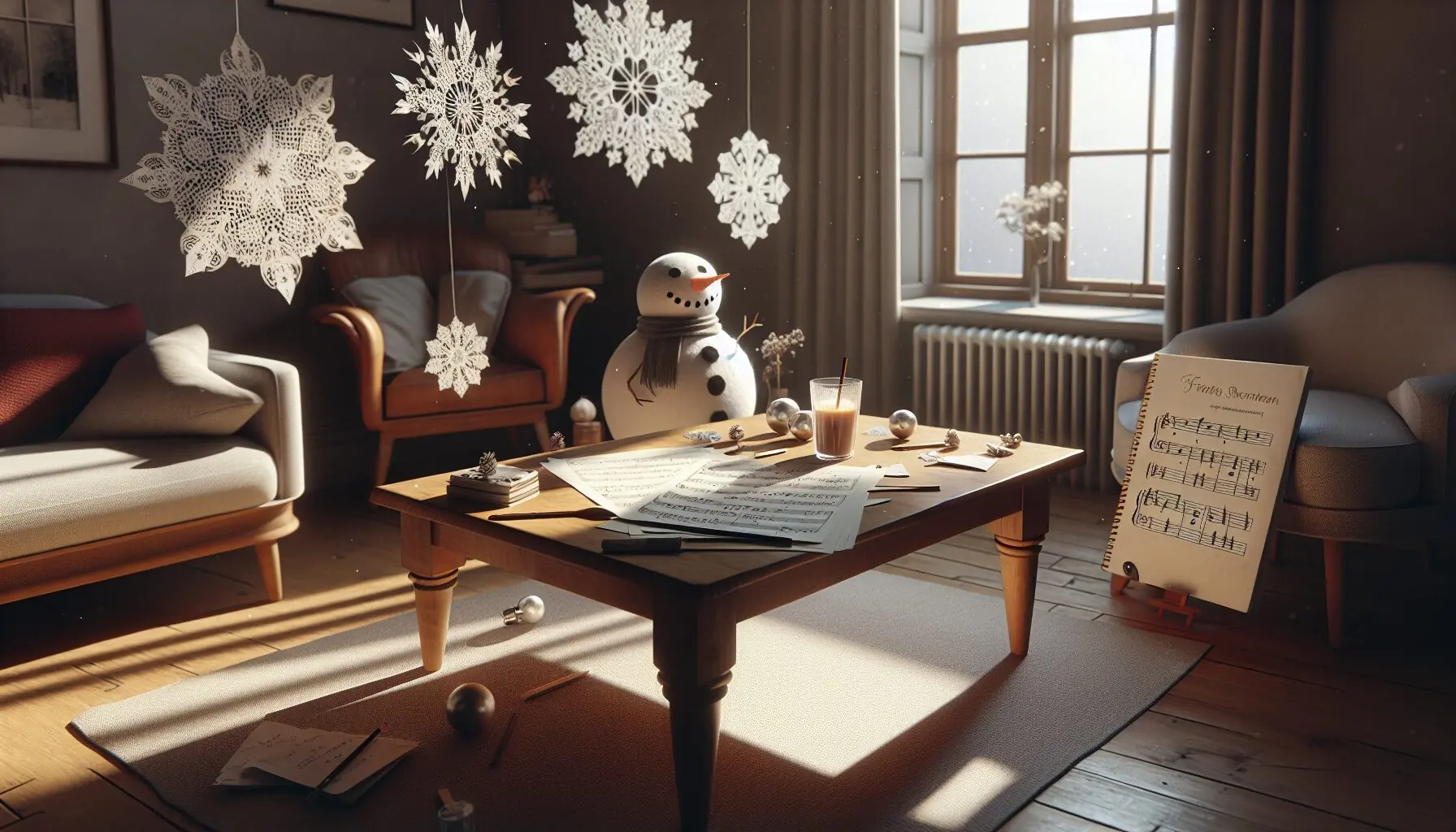 Generate an image of a warm, inviting space with snowflake decorations and a music sheet titled 'Frosty the Snowman.'