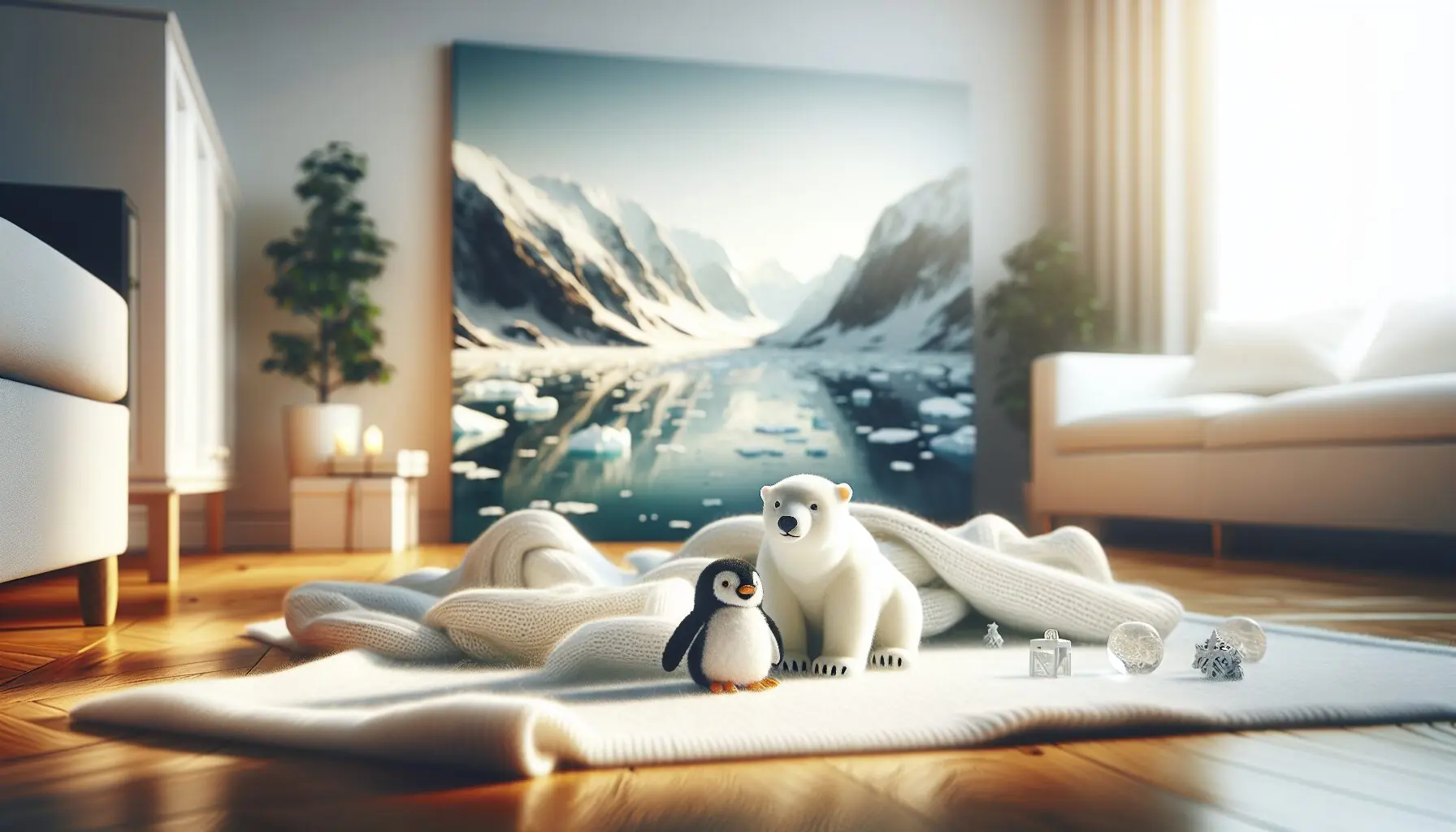 Generate an image of a small toy penguin and polar bear on a white blanket, representing the Arctic setting.