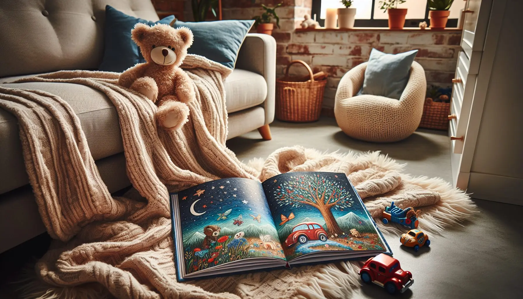 Generate an image of a colorful children's storybook open on a lap, surrounded by toys, with vibrant illustrations visible.