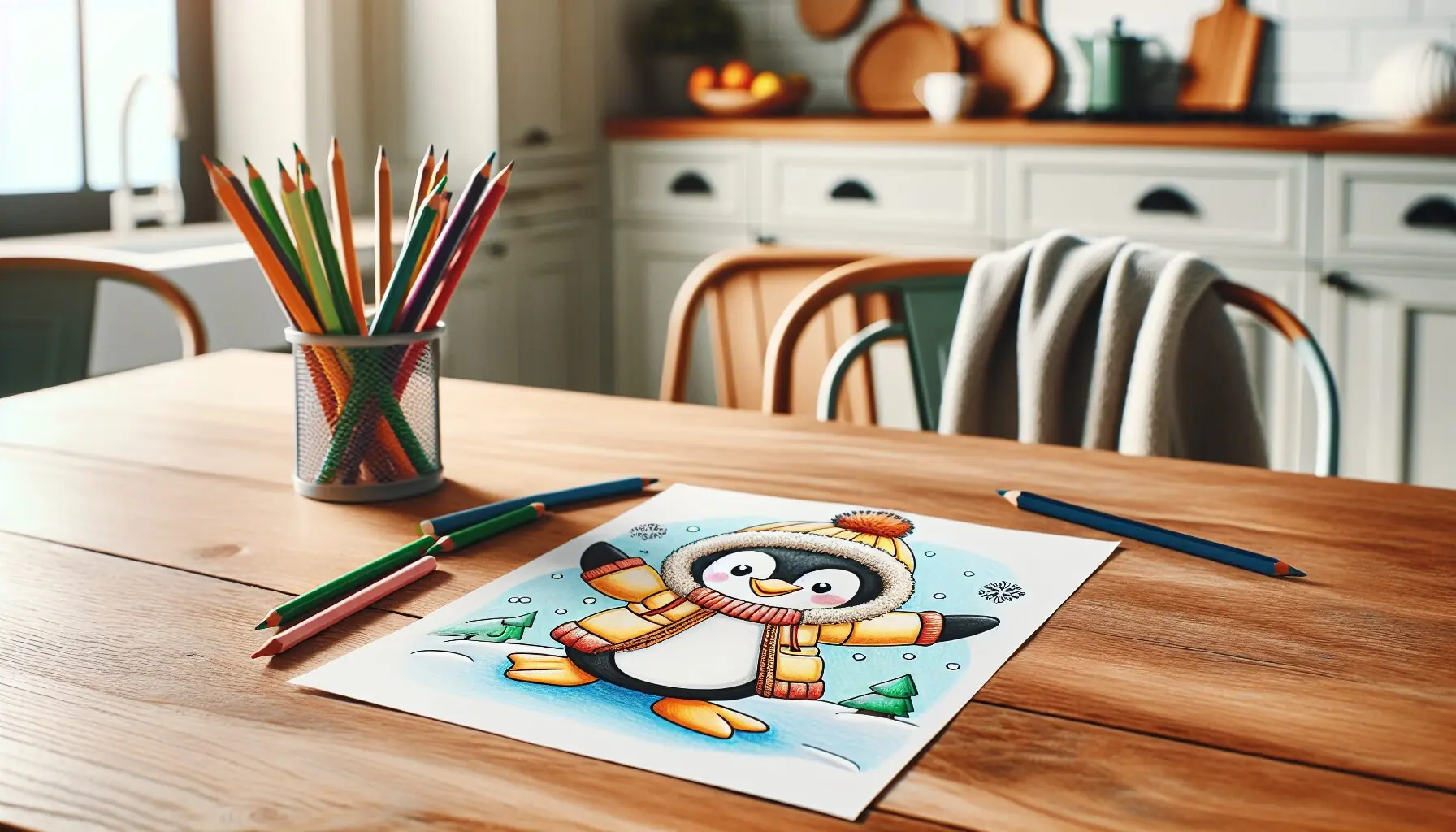 Generate an image of a child's drawing of a winter animal, featuring a playful touch, like a penguin wearing a parka.