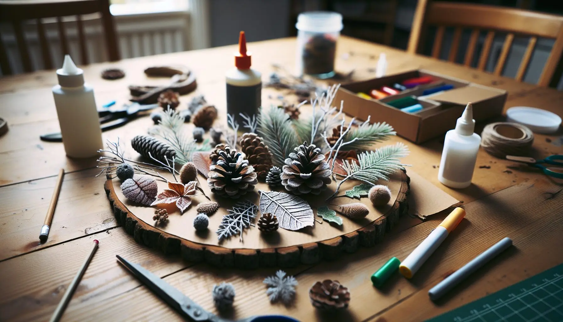 Generate an image of a creative collage using nature items on a piece of cardboard next to glue and markers.