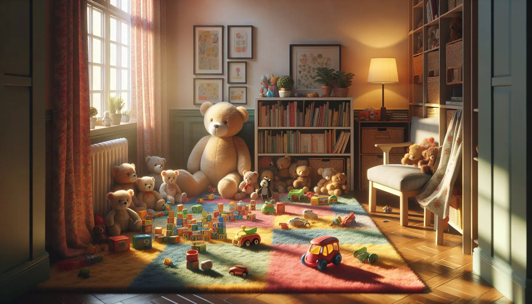 Generate an image of a playroom with teddy bears and toys neatly arranged in pairs, representing shared fun.