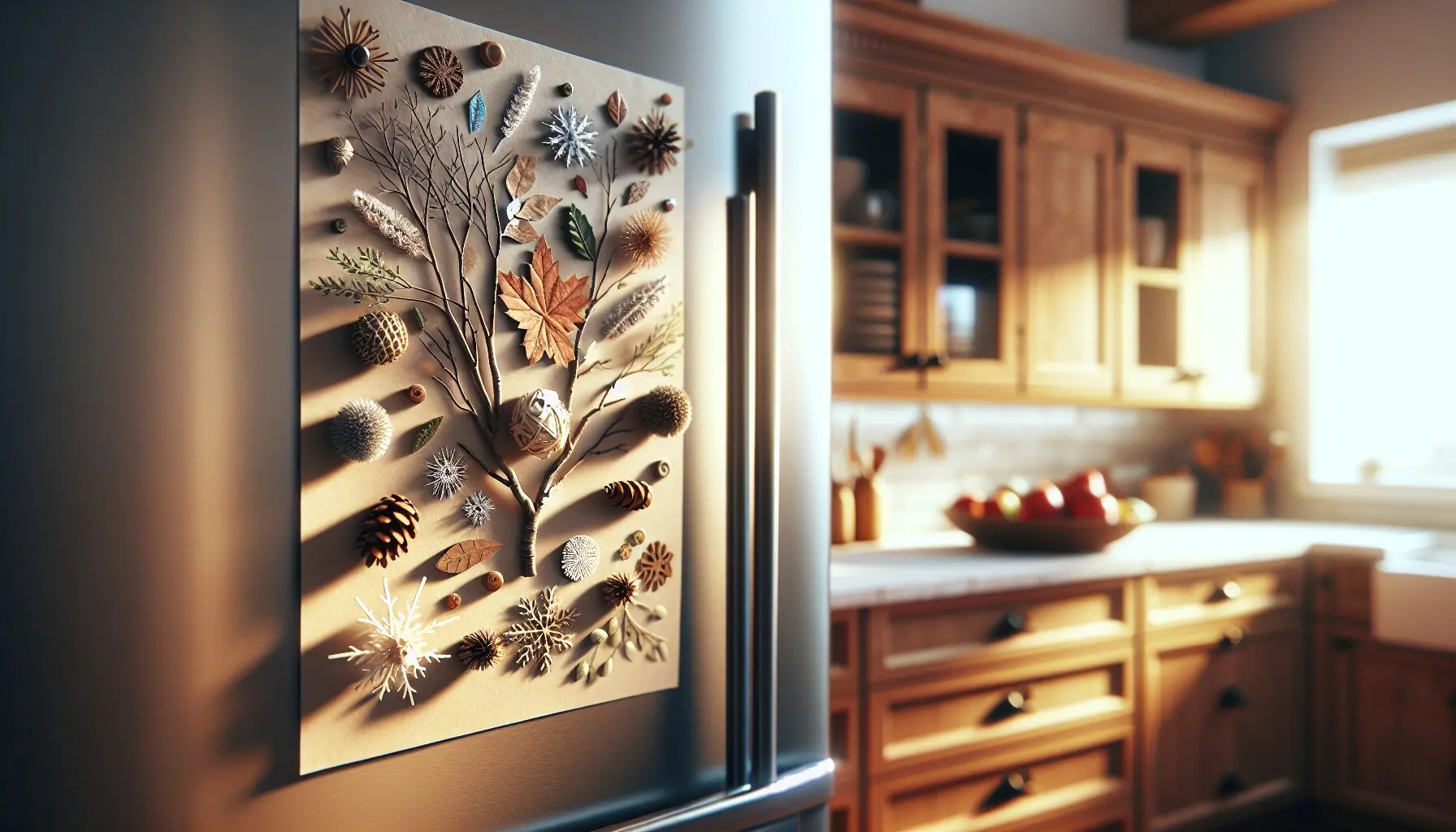 Generate an image of a cozy home scene with a child's nature collage displayed proudly on the refrigerator.