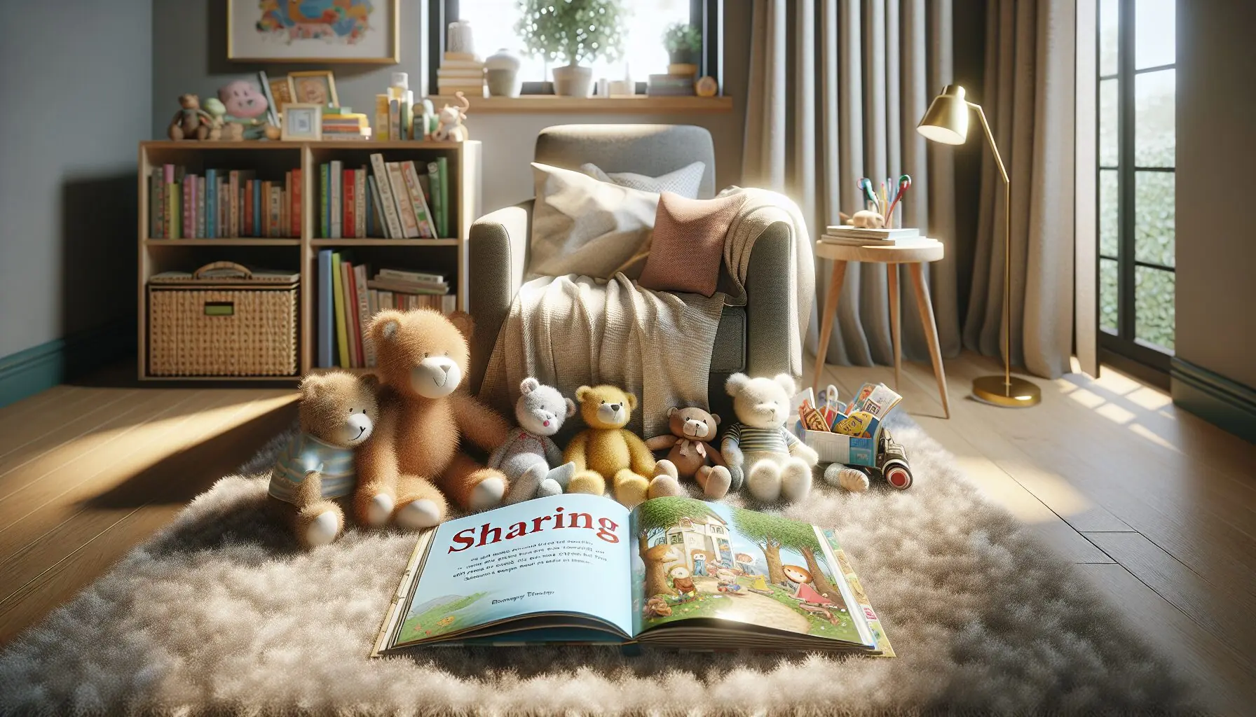 Generate an image of a cozy reading nook with a children's storybook about sharing and a few stuffed animals.