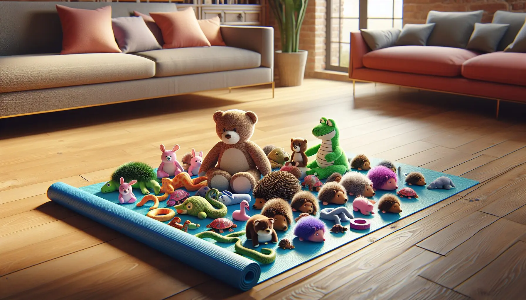 Create an image of a vibrant yoga mat surrounded by small plush toy animals representing different hibernating creatures.