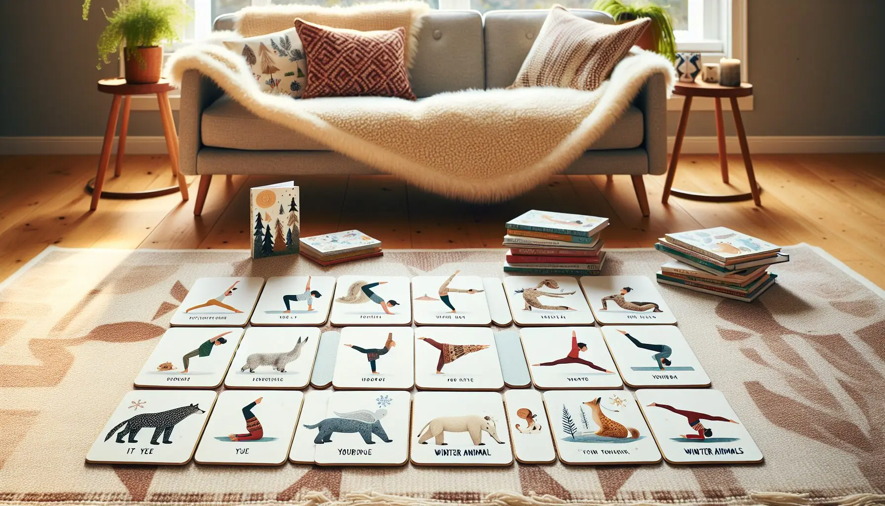 Design an image illustrating a variety of yoga poses labeled with animal names, set in a whimsical, natural backdrop.