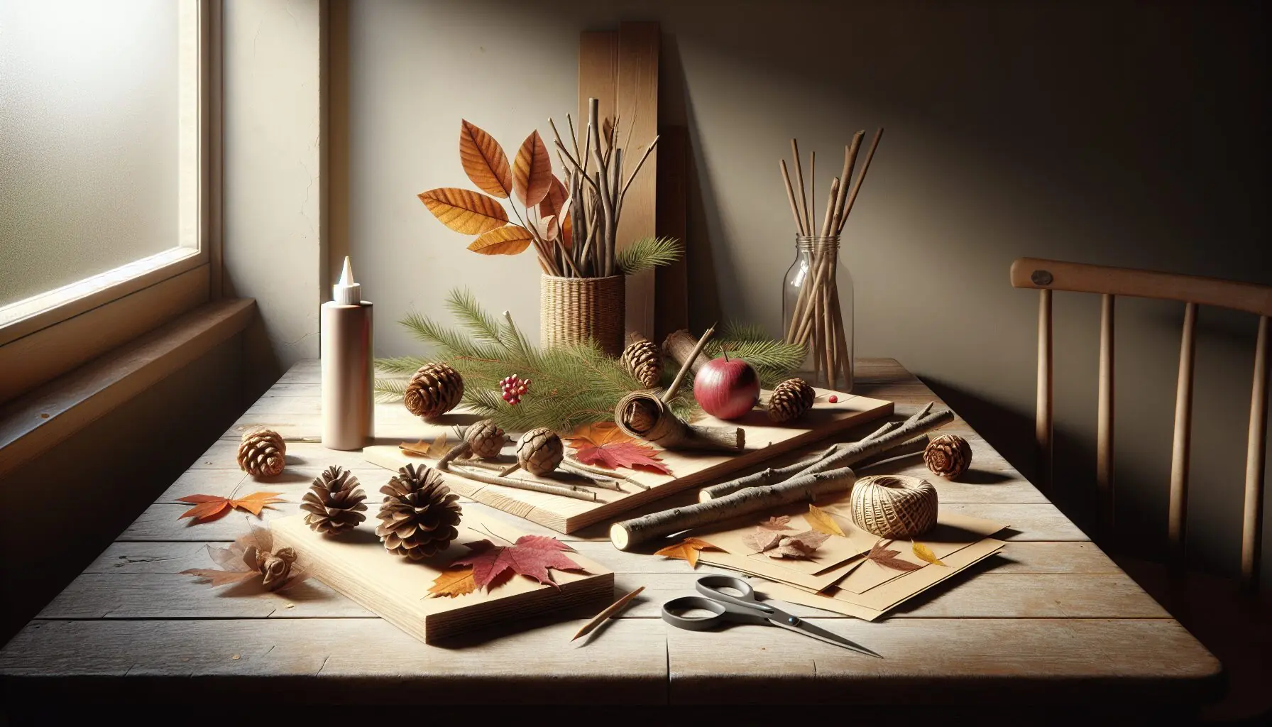 Generate an image of collected natural items like pinecones, sticks, and colorful leaves arranged artfully on a table.
